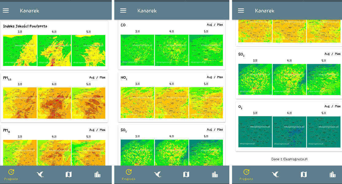 Mapy jakości powietrza w aplikacji Kanarek