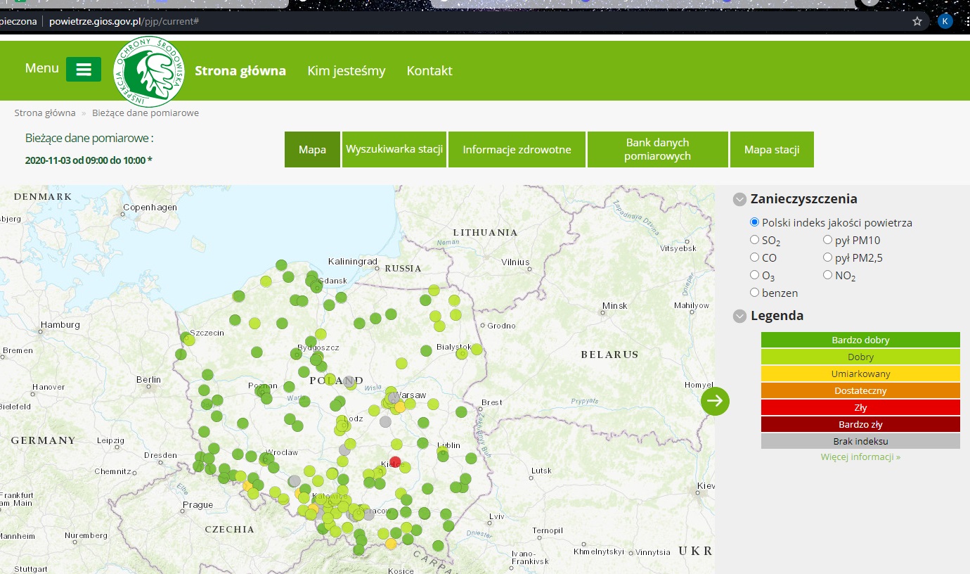 Mapa jakości powietrza Głównego Inspektoratu Ochrony Środowiska