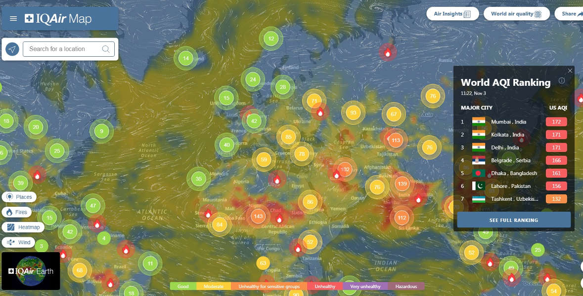Mapa jakości powietrza IQAIR