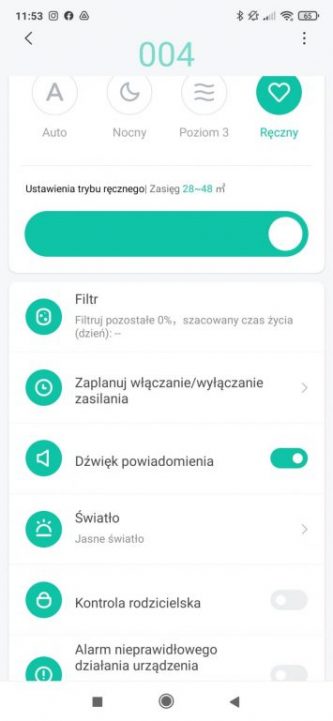 Xiaomi 3H wybór trybu pracy i intensywności oczyszczania