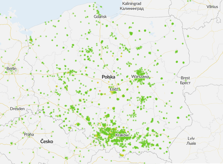 Mapa zanieczyszczeń powietrza w Polsce - Airly Mapa zanieczyszczeń Polski Airly