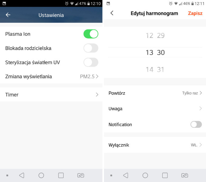 Scan z aplikacji oczyszczacza Vestfrost