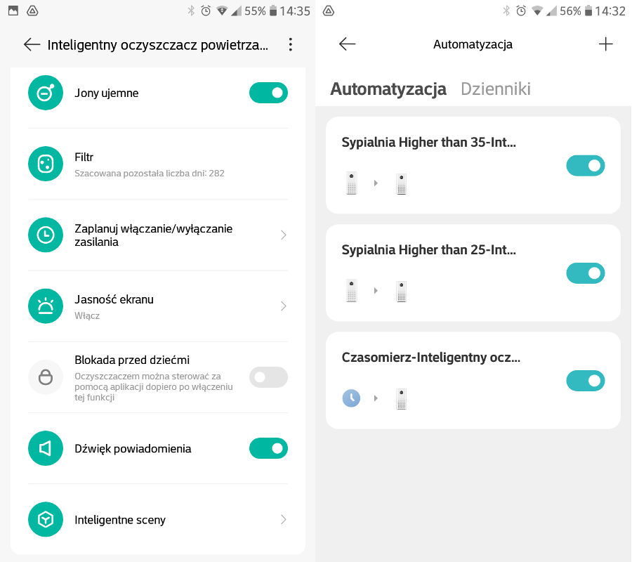 Screeny z aplikacji Xiaomi Air Purifier 4