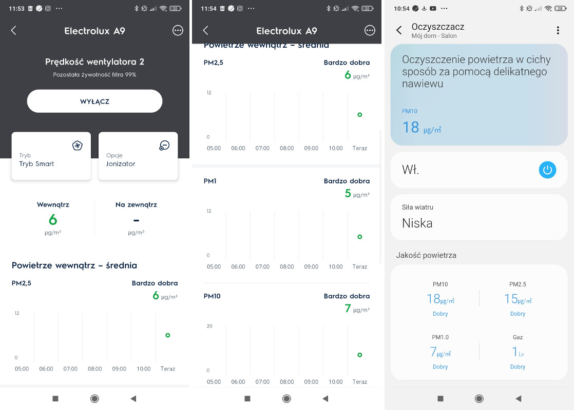 Screeny z aplikacji do oczyszczaczy powietrza Electrolux