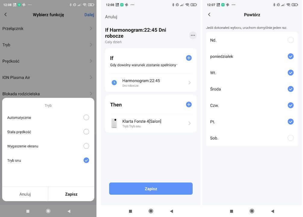 Screen z aplikacji do sterowania oczyszczaczami powietrza Klarta