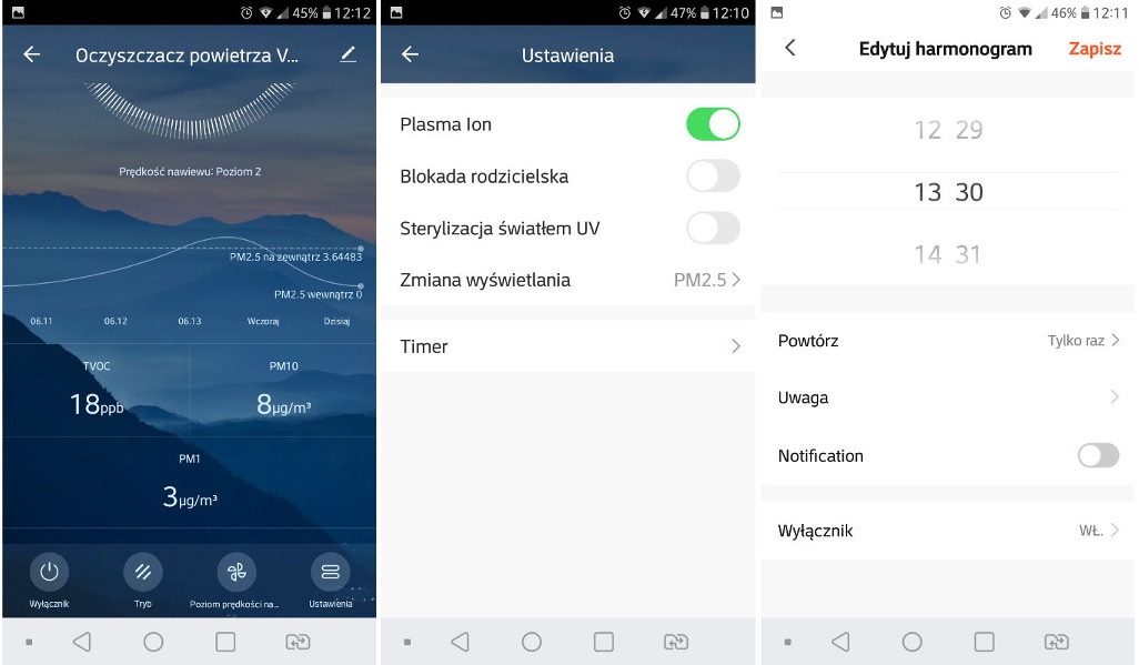 Screeny z aplikacji do sterowania oczyszczaczami powietrza aplikacja Vestfrost
