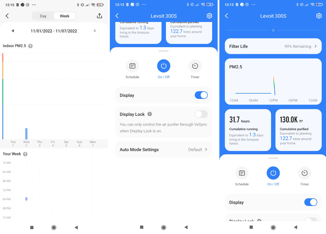 Screeny z aplikacji do sterowania oczyszczaczami powietrza Levoit