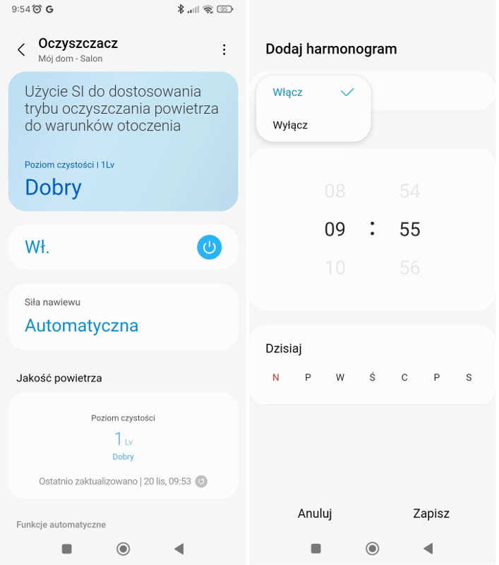 Screeny z aplikacji do sterowania oczyszczaczem Samsung AX32